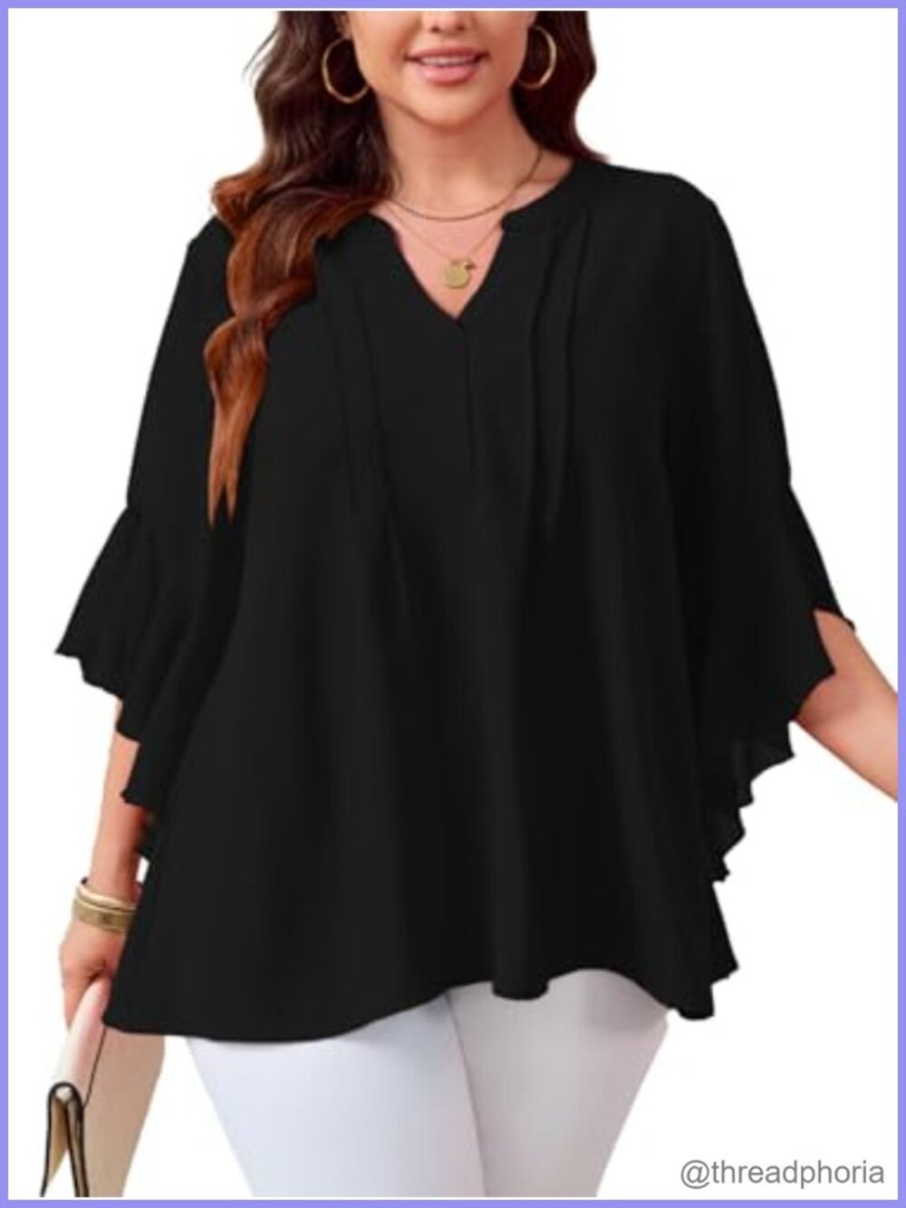 Plus Size Chiffon Blouse 3/4 Ruffle Sleeve V-Neck Dressy Top